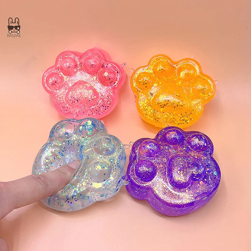 1Pc Kids Anti-stress Soft TPR Slow Rebound Sequins Pinch Toy Stress Relief Elastic Squeezing Colored Cat Paw Decompression Toys