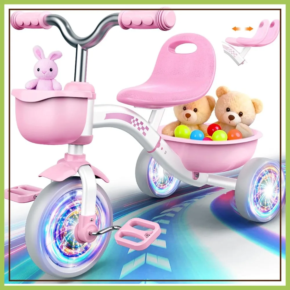 

Toddler Tricycle for 1-5 Years, Adjustable Seat, Light-Up Wheels, 2 Baskets, Outdoor Riding Toy