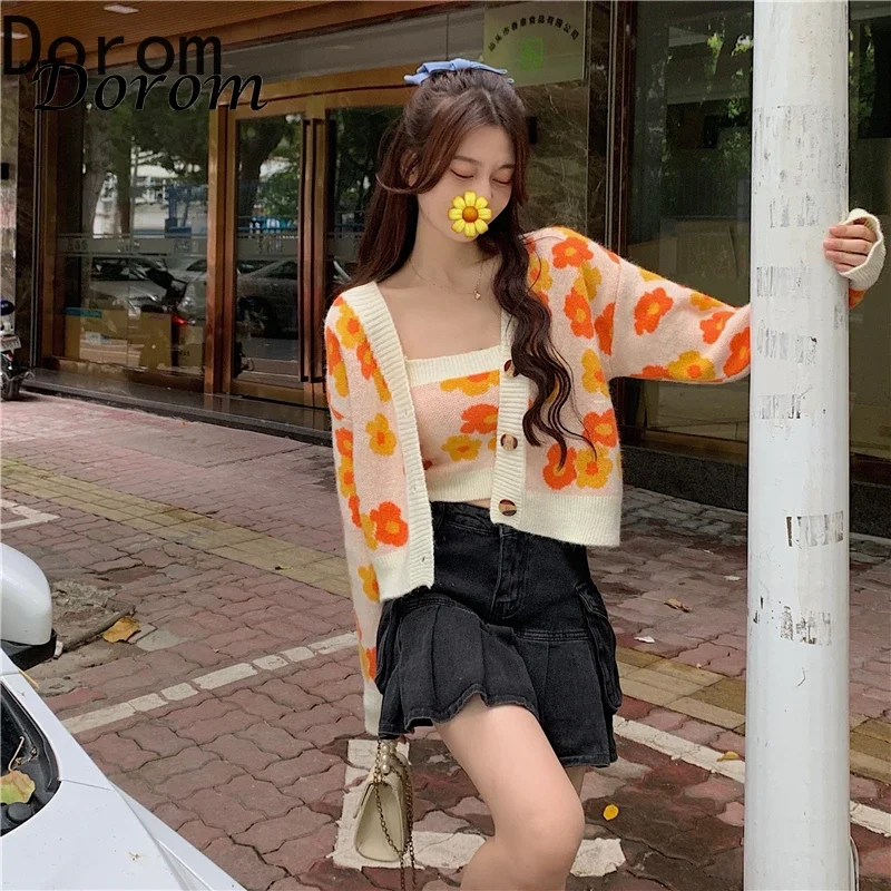 Flower Print Cropped Cardigan Women Korean Fashion Casual Blue Sweater Single-Breasted Long Sleeven Tops + Knit Vest 2 Pcs Set