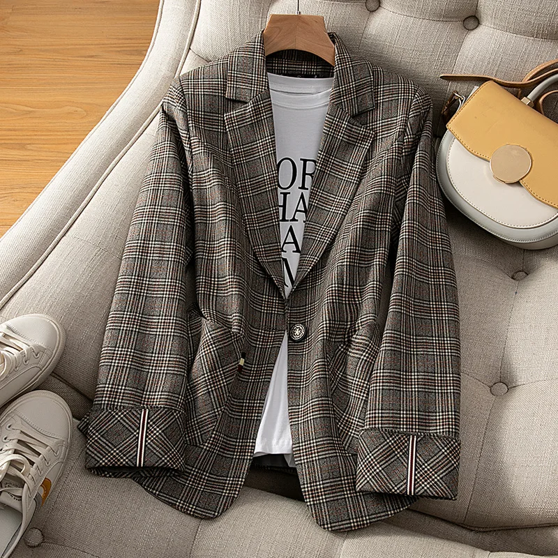 

S-4XL Plaid Blazers for Women 2023 New Fashion Office Ladies Long Sleeve Single Button Jacket Vintage Slim Lapel Chic Coats