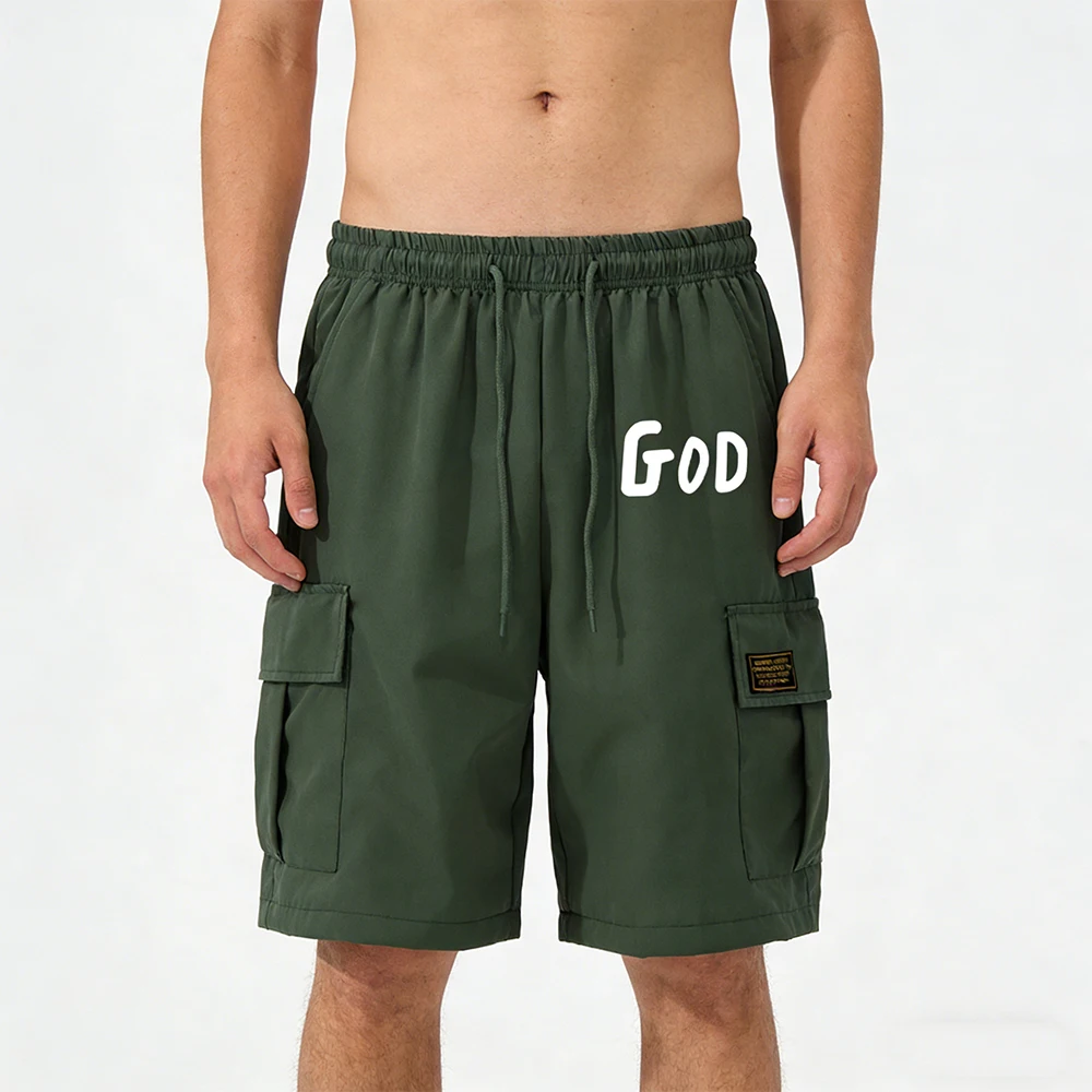 

Мужские черные шорты-карго с клапанами и множеством карманов, на шнурке, летние, повседневные, для спорта, тренажерного зала, фитнеса, тренировок, с графическим принтом "GOD"