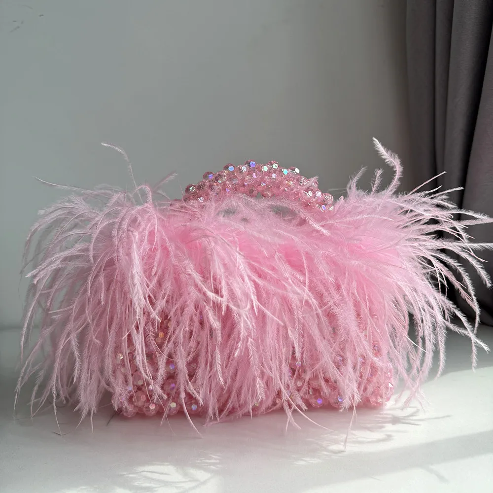 Parel kralen tas met veren bont Designer merk helder acryl kristal stenen doos Tote handtas vrouwen handgemaakte feesttas