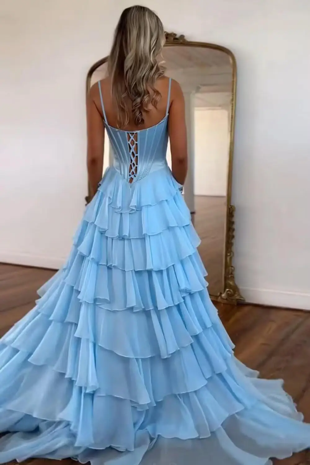 Tiered A Line Prom Dresses Corset Ball Gown with Slit