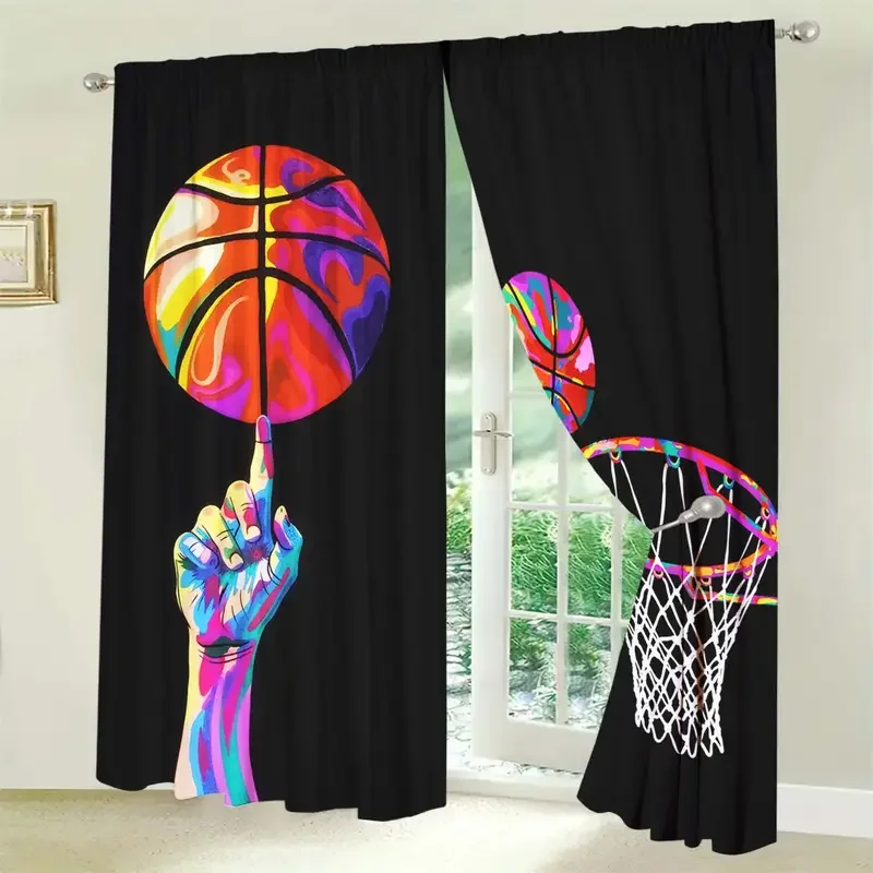 2 Stück lebendige, mit Basketball bedruckte Vorhänge, entworfen für Lichtfilterung, hochwertiges Material, ideal für Sportbegeisterte, Heim-Wind
