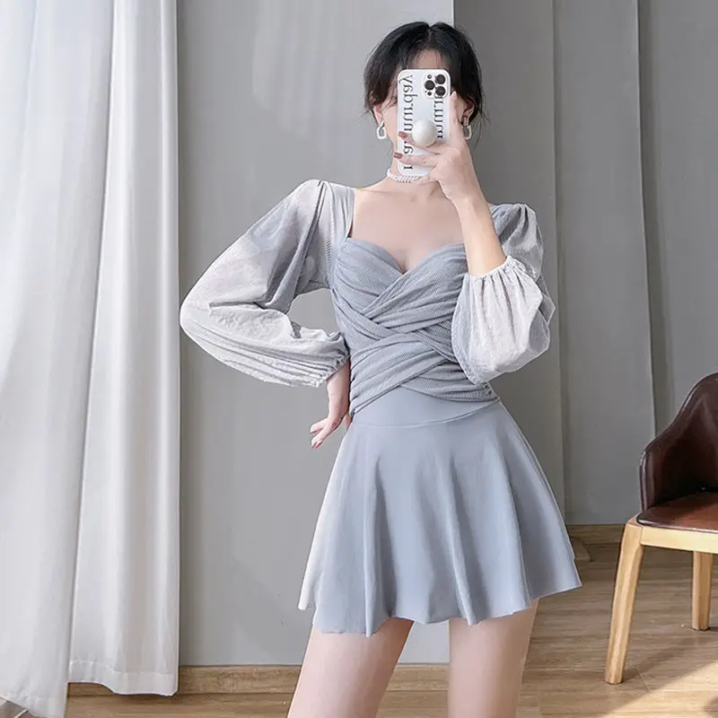 

2023 Summer Beach Style Simple Square Neck Gathered High Waisted Long Sleeved Sun Protection Pure Desire Vacation Dress Swimwear