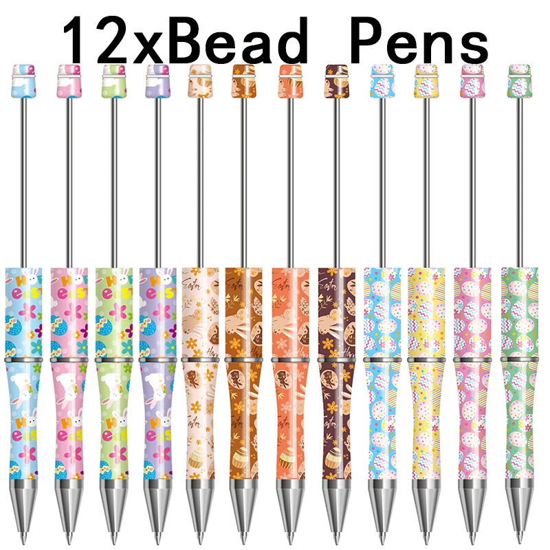 

12Pcs Easter Bunny Beaded Pen School Supplies for Kids Office Supplies Beadable Pen Plastic