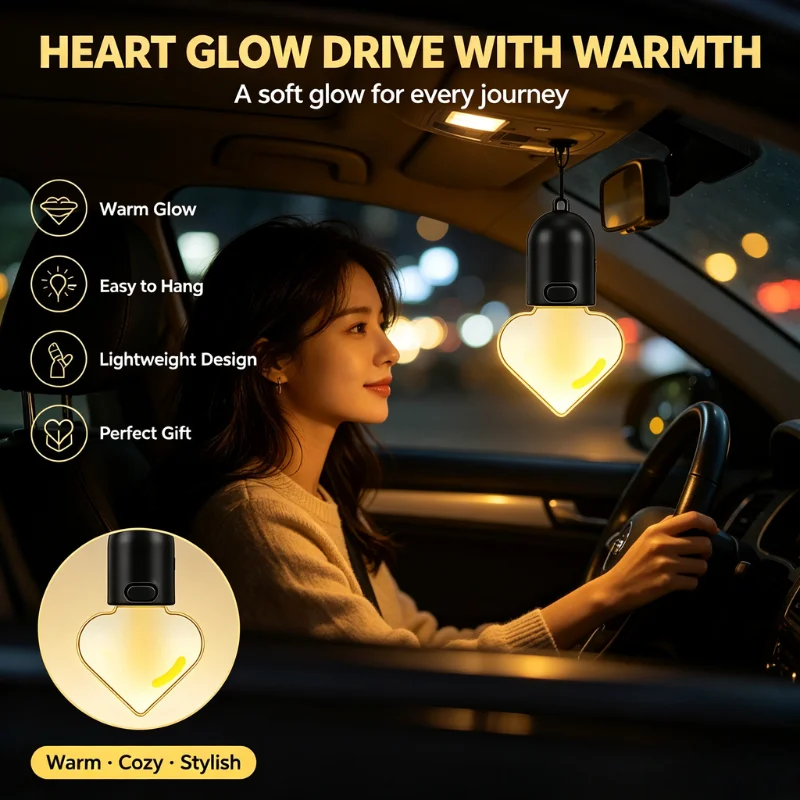Cute Heart LED Car Hanging Ornament Light Rechargeable Warm Glow Ambient Lamp Rear View Mirror Pendant Auto Interior Accessory