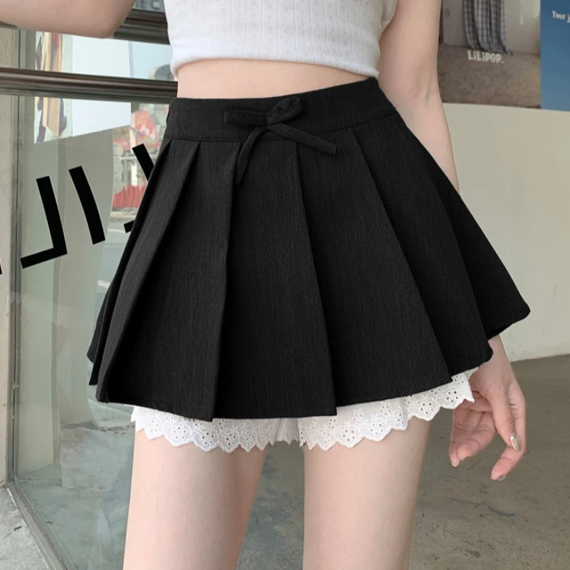 

Плиссированная мини-юбка с бантом и кружевной отделкой, со встроенными шортами, с высокой талией, плиссированная юбка-солнце, женская юбка-шорты в стиле преппи, балеткор