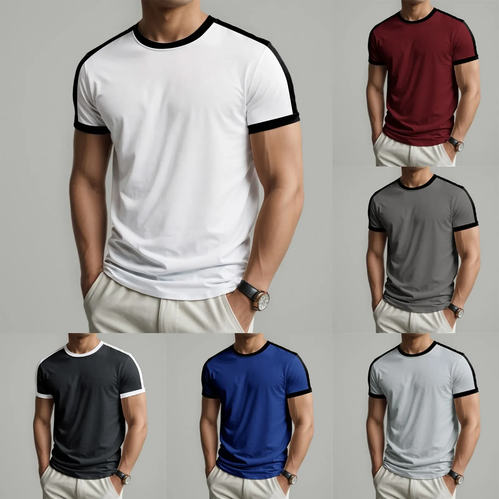 2025 Color Block Casual T Shirts for Men Summer Short Sleeve Sports Fitness Contrast T-shirt Male Round Neck New Chic Loose Tops