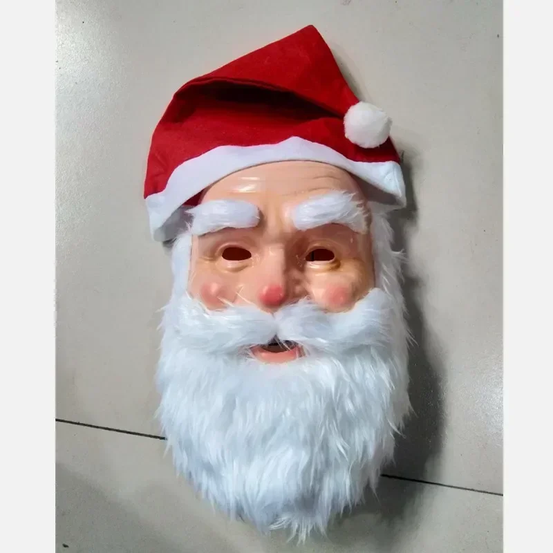 Christmas Santa Claus Plastic Mask with Red Santa Hat Adult Santa Claus Costume Props Cosplay Dress Up Xmas Party Carnaval Mask