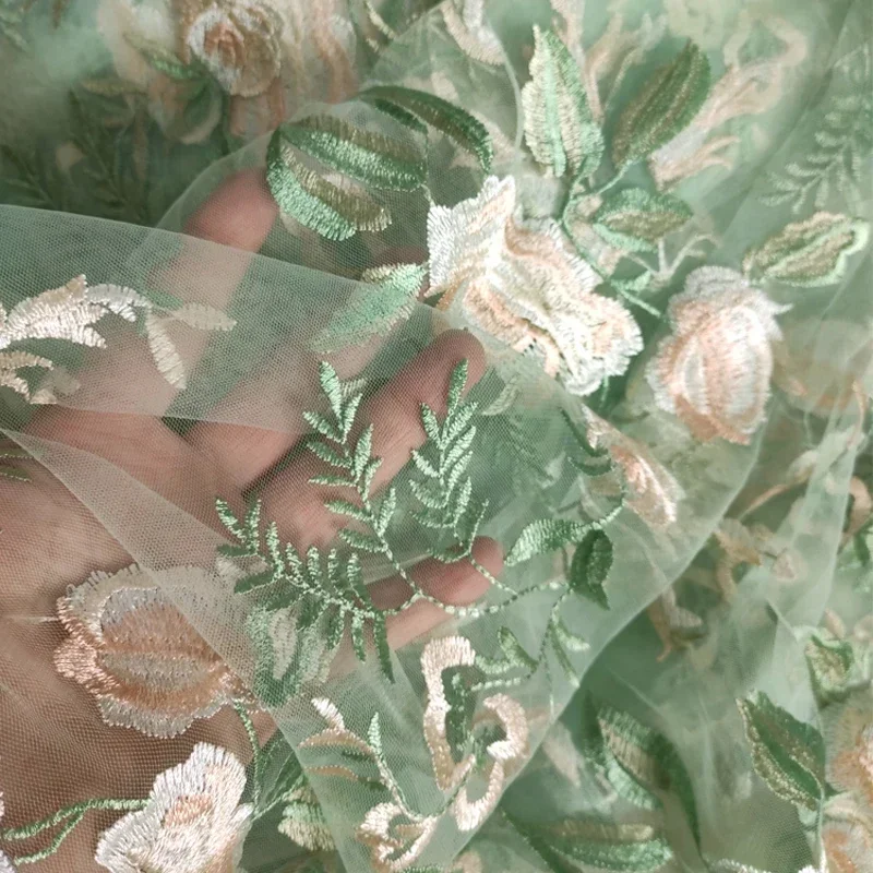 Rose Leaf Embroidered Lace Fabric Encrypted Soft Mesh Embroidered Fabric Color Yellow Green Flower Cloth for Wedding Dress Skirt