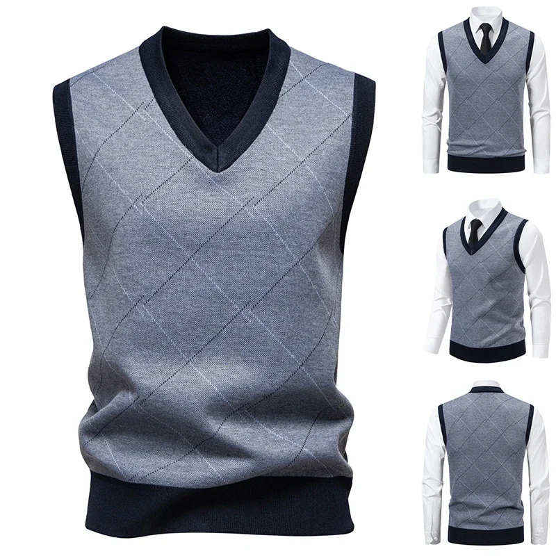 Men's V-neck Knitted Sweater Warm Autumn Winter Diamond Grid Twisted Flower Casual Fashion Versatile Knit Top