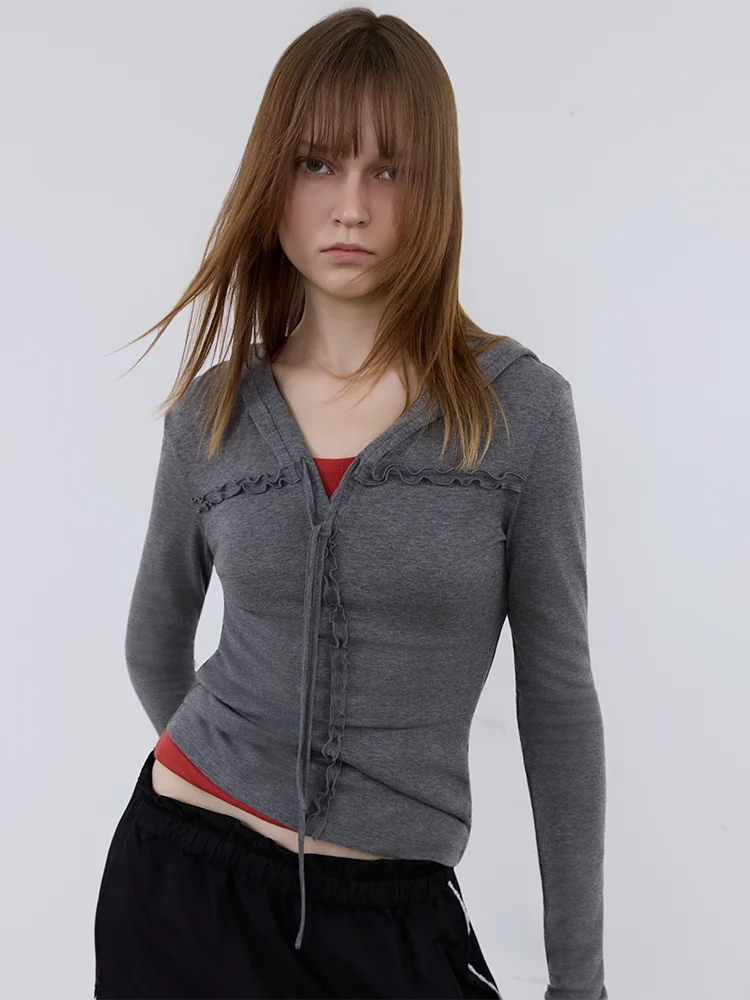 

Retro Sle Women's Long Sve Wool Blend T-irt with Hat Lenzing Lyocell Fiber Splicing Slimming Design Comfortable Soft