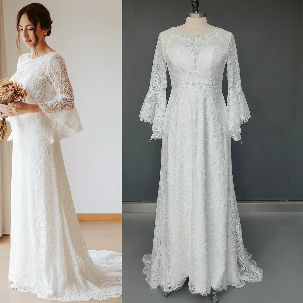3/4 Bell Sleeves Boho Chic Mermaid Wedding Dress Lace Boat Illusion Neck Customized Backless Sheath Real Photos Bridal Gowns