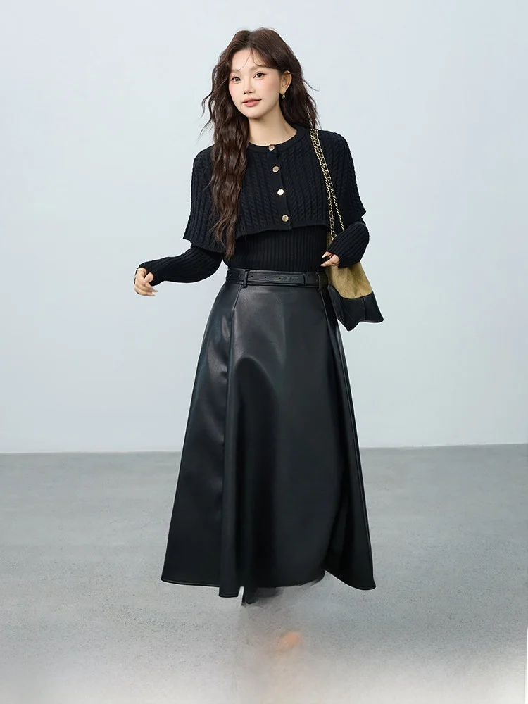 

Fashionable Winter Outfit Large Size Women's Clothing Set Elegant Shoulder Shawl High Waist Skirt Polyester Nylon Viscose