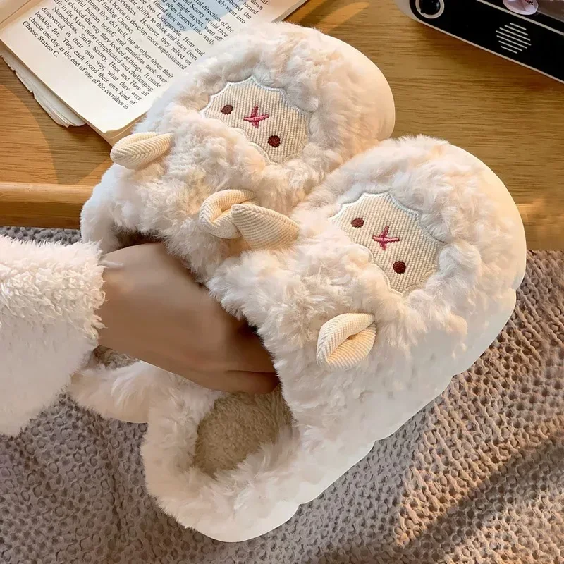 

Winter Cartoon Plush Slippers Warm Fluffy Faux Fur Sheep Design Indoor Home Couple Cotton Slippers for Men And Women 2026