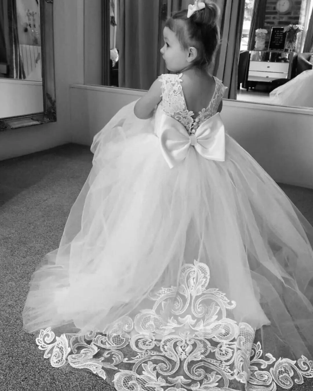 Lindos vestidos de flores para niña para boda, apliques de lazo grande, vestidos largos para desfile, vestidos de primera comunión de tul blanco para niña