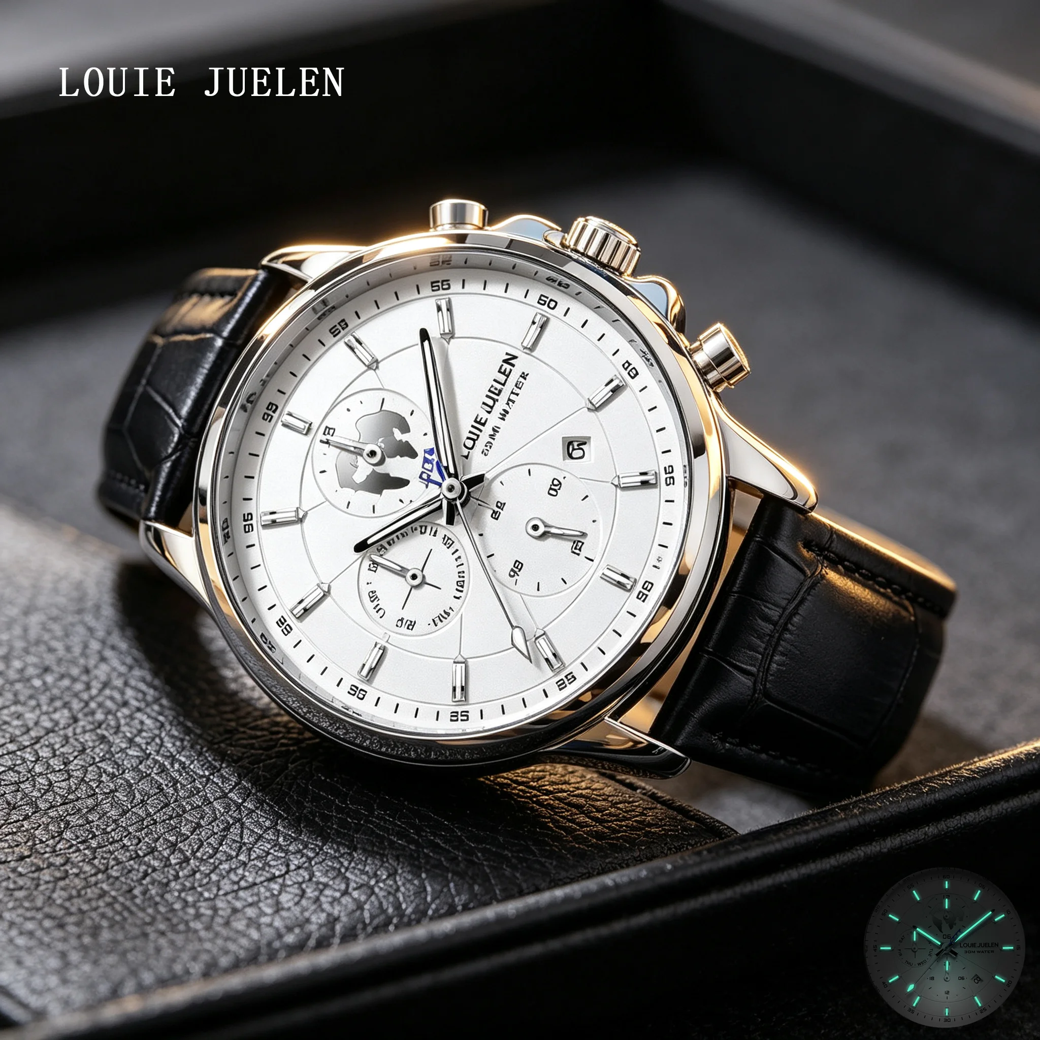 LOUIE JUELEN Black Couro Zegarki Męskie Automatyczne Mechaniczne Luminous Reloj Hombre Mechanical Movement with Six Pin Design