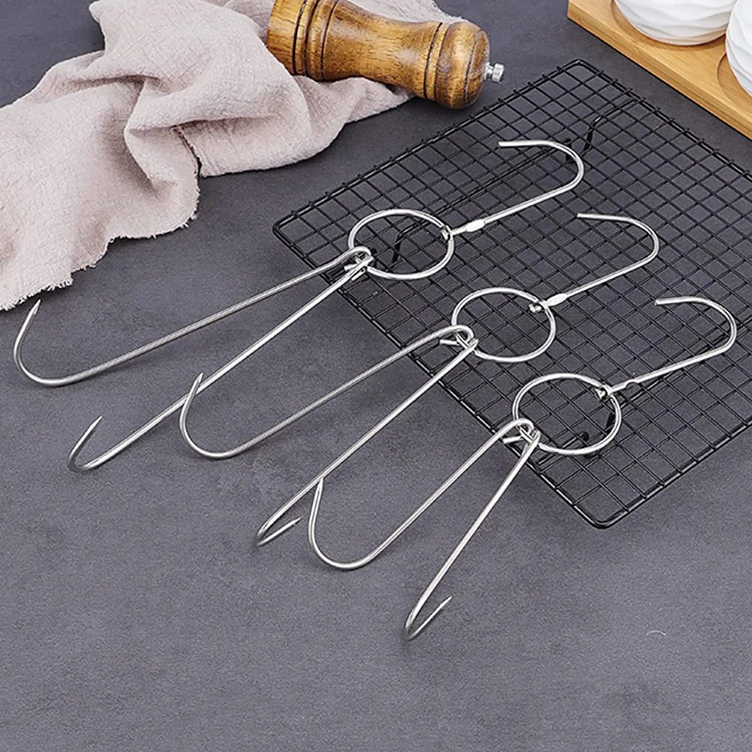 Stainless Steel Meat Double Hook for Poultry Roast Duck Bacon Sausage Hams Hanging Hook Grill Hanger for Drying Cooking BBQ