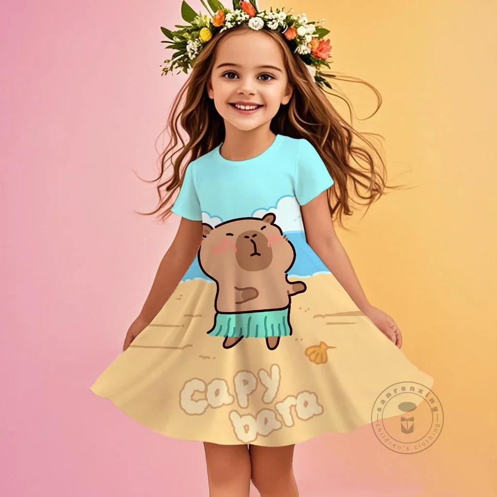 

3D Printed Q Style Capybara Cartoon Girls Dress Short Sleeve Round Neck Fall Kawaii Cute Fitted Dress Kids 3-14 Years Street