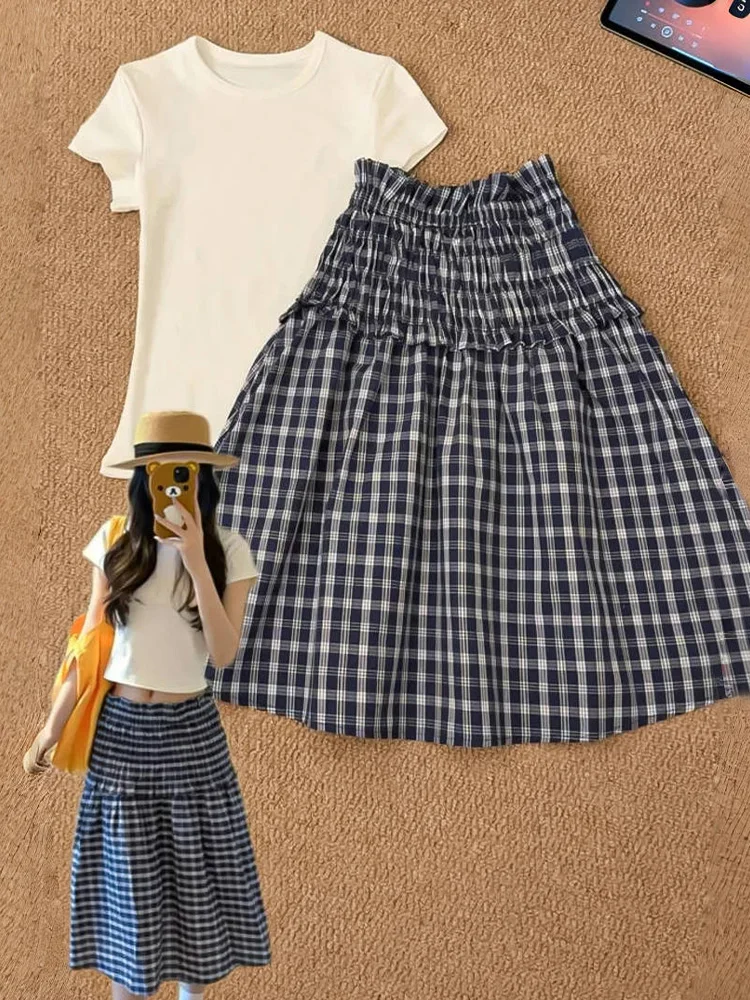 

Trendy High Waist Plaid Skirt Women's Summer New Design A-Line Umbrella Skirt Korean Sle Tube Top ort Skirt
