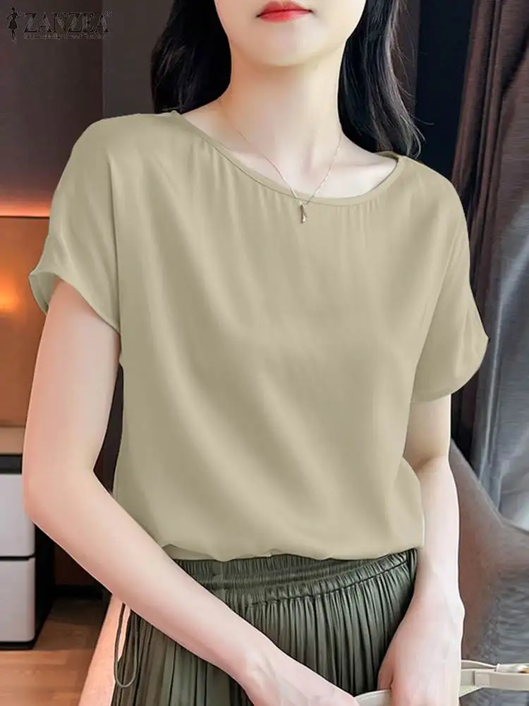 Zanzea elegante Sommer Kurzarm Bluse Frauen Mode Casual Work Blusas weibliche Tunika Tops Hemd o Hals solide Satin Shirt