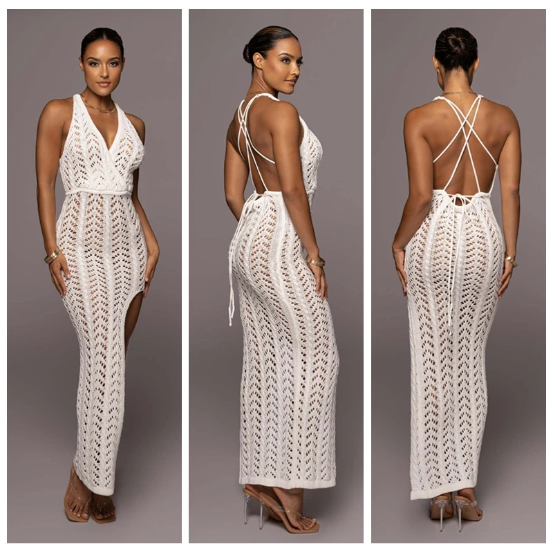 

2023 New Crochet Deep V Neck Backless Beach long Dress Sexy Women See Through Bikini swimwear Bathing suit Cover-ups Beachwear