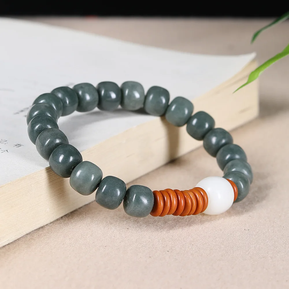 

Natural Weathered Yellow Bodhi Beads w/ Olive Pit Spacers, White Jade Bodhi Unisex Retro Prayer Bracelets (Gifts)