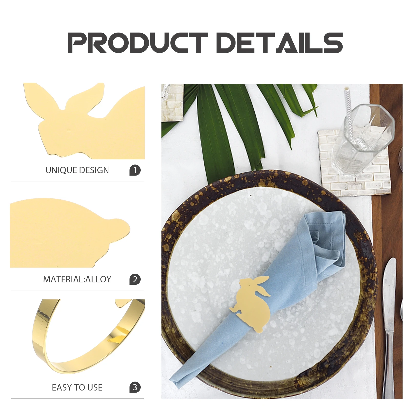 

6Pcs Gold Bunny Shape Napkin Rings Easter Theme Rabbit Alloy Decorative Napkin Holders for Dining Table Party Serviette Buckles