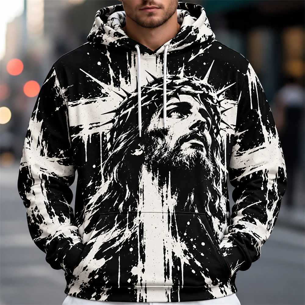 Jesus Crown of Thorns Hoodie for Men Black and White Splash 3D Printed Pullover Hoodie Christian Faith Graphic Hooded Sweatshirt