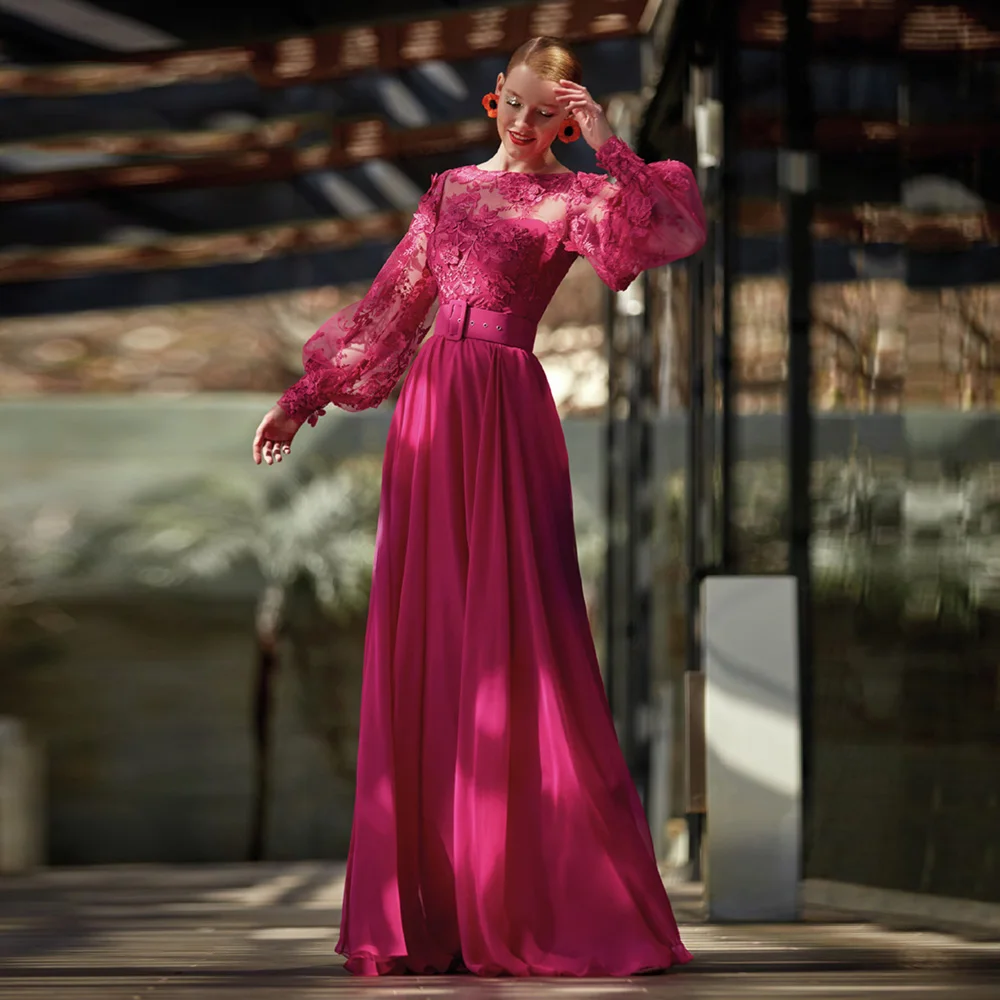 

Elegant Fuchsia A-line Evening Dresses 2025 Jewel Neck Long Sleeves Top Lace Organza Prom Formal Gowns Robe De Soiree