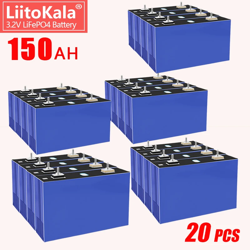 

20PCS LiitoKala 3.2V 150AH Lifepo4 Rechargeable Battery Solar Cell 8S 24V Battery Pack With Free Busbars For EV RV Boats