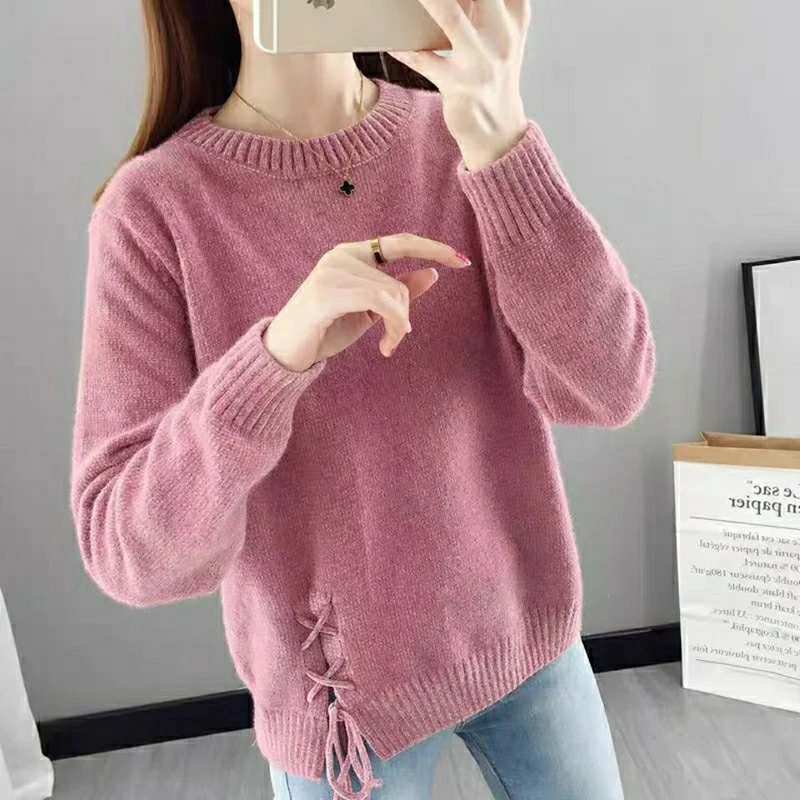 Fashion O-Neck Solid Color Split Bandage Sweaters Female Clothing 2024 Autumn Winter New Loose All-match Pullovers Casual Tops
