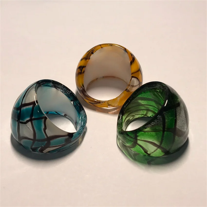 Handmade For Neutral Women Men Retro Style Murano Glass Liuli Multi Colored Yellow Grid Finger Rings Fashion Jewelry