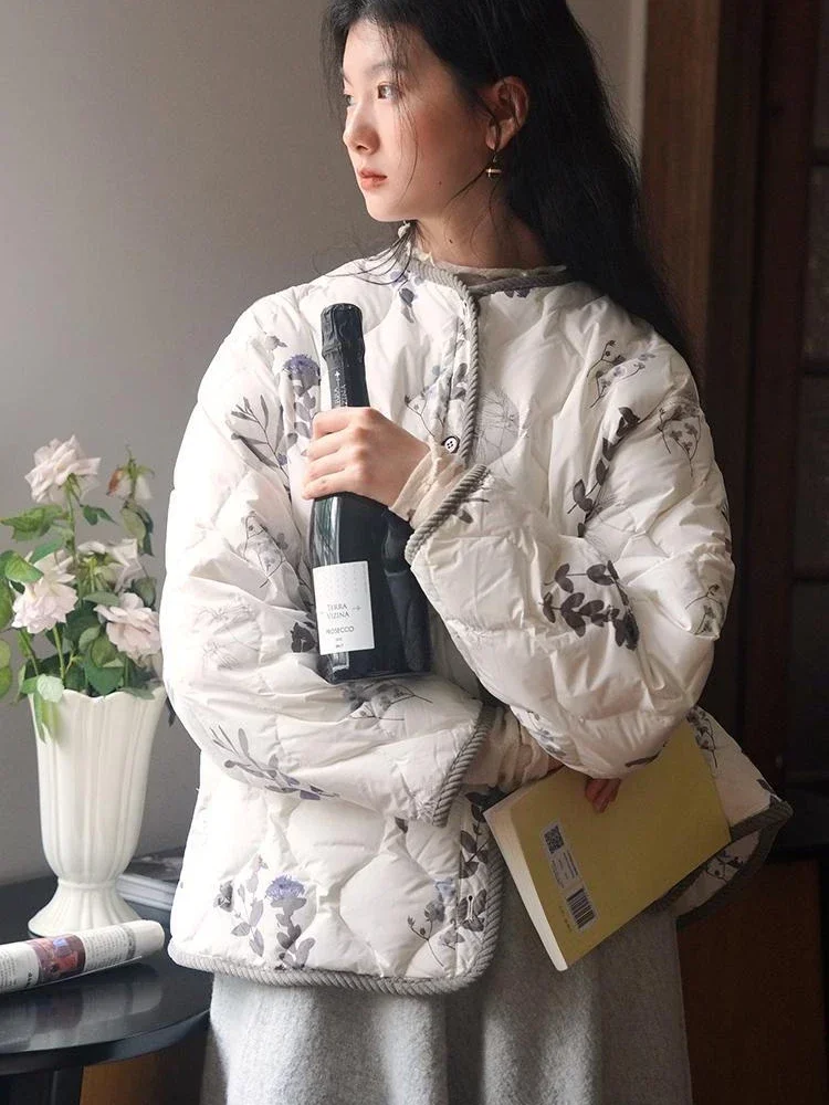 Vintage Floral Quilted Jacket Women's O Neck Single Breasted Diamond Plaid Loose Warm Outwear Fashion Long Sleeve Coat Top 2025
