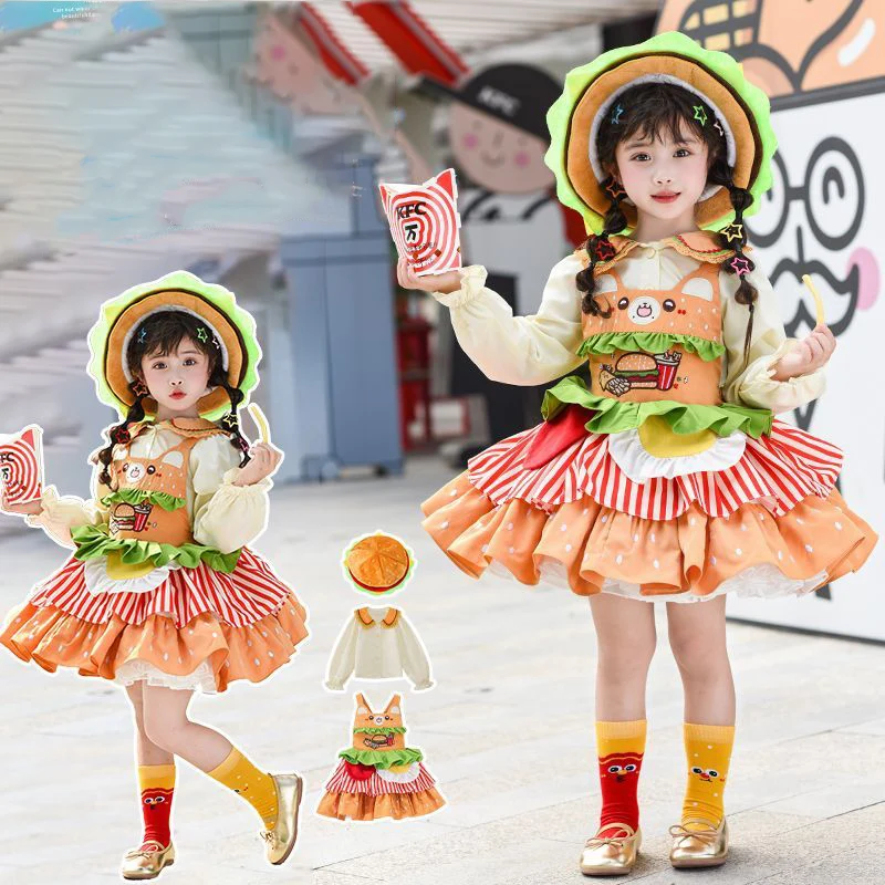 

Burger Bear Kids Halloween Costume Cute Lolita Dress Set Princess Ruffle Dress Sweet Lolita Outfit for Girls kids puff skirt