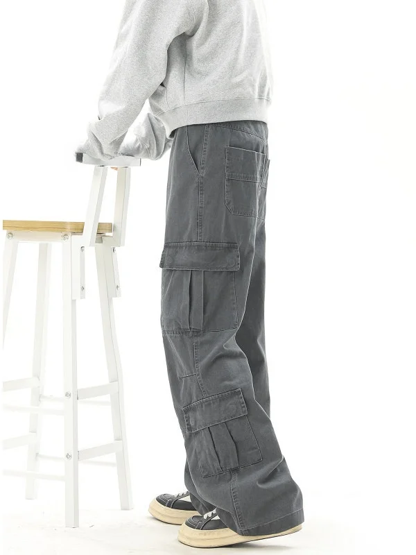 

Washed Distressed Work Trousers Men's Loose Casual Straight Leg Pants Multiple Pockets Folded Waistline Cotton Autumn Winter