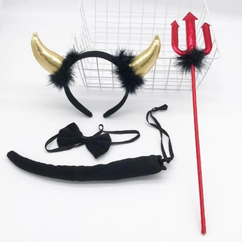 Y5GC 4PCS Trang phục quỷ Phụ kiện Bowtie Devils Horn Headband Red Pitchforks đuôi