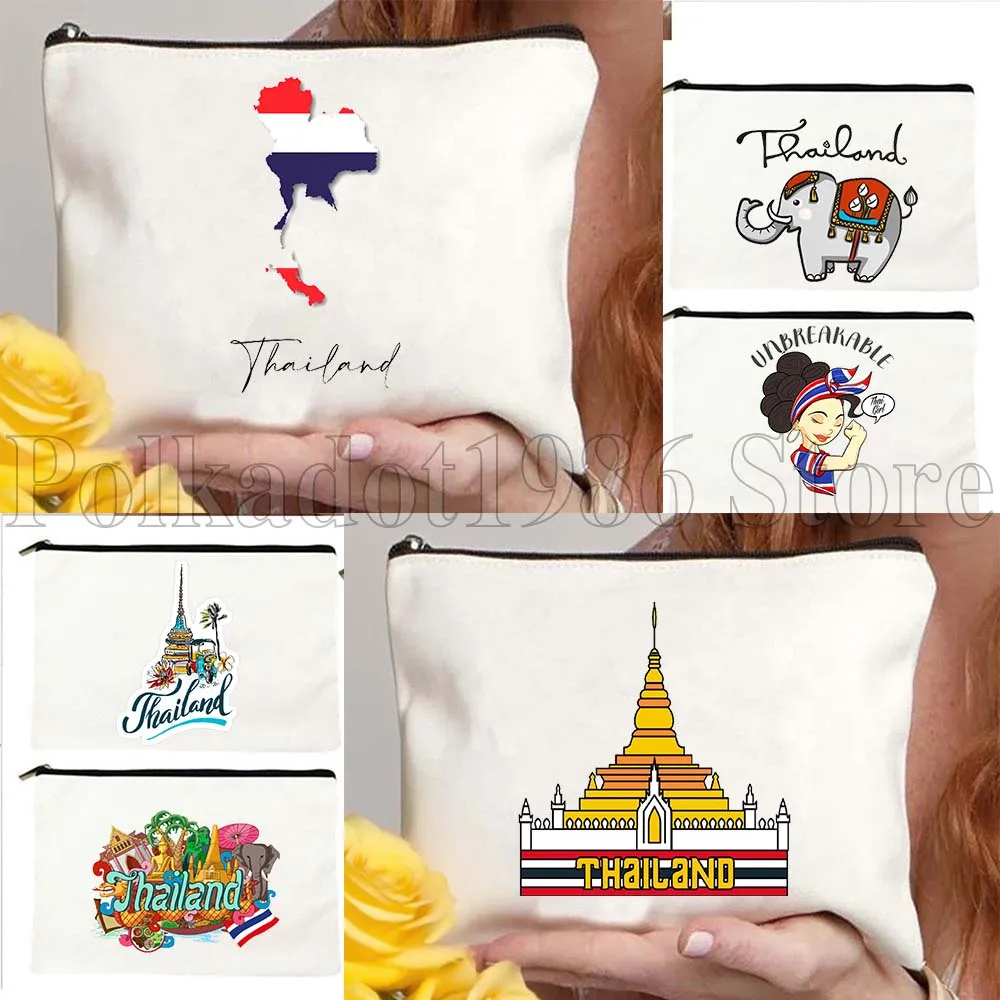 

Карта страны Таиланда Флаг Слон Будда Тайская девушка Подарок Холст Косметичка Дорожная помада Макияж Туалетная сумка Пенал Чехол