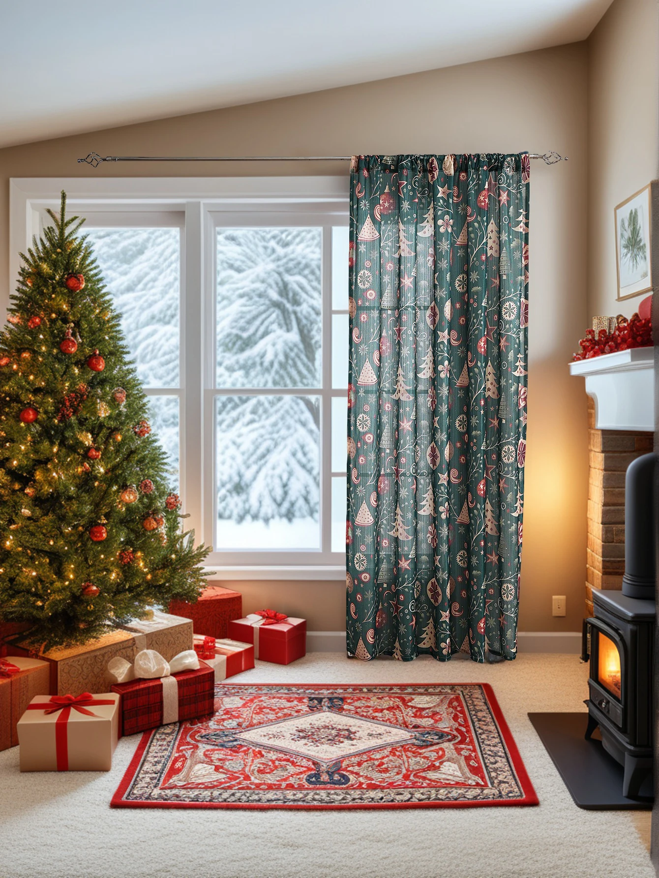 Vorhangstangentasche mit grünem Weihnachtsdruck für Wohnzimmer und Schlafzimmer, festliche Atmosphäre, dekorative Vorhänge, Geschenk
