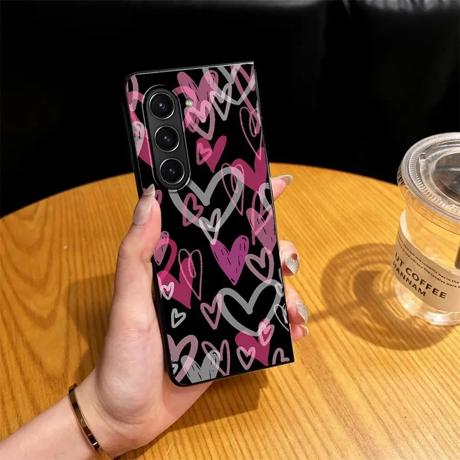 Case for Samsung Galaxy Z Fold 8 Ultra ZFold3 Z Fold 7 6 5 4 3 ZFold7 ZFold6 ZFold5 ZFold4 Phone Cover Black And Pink Love