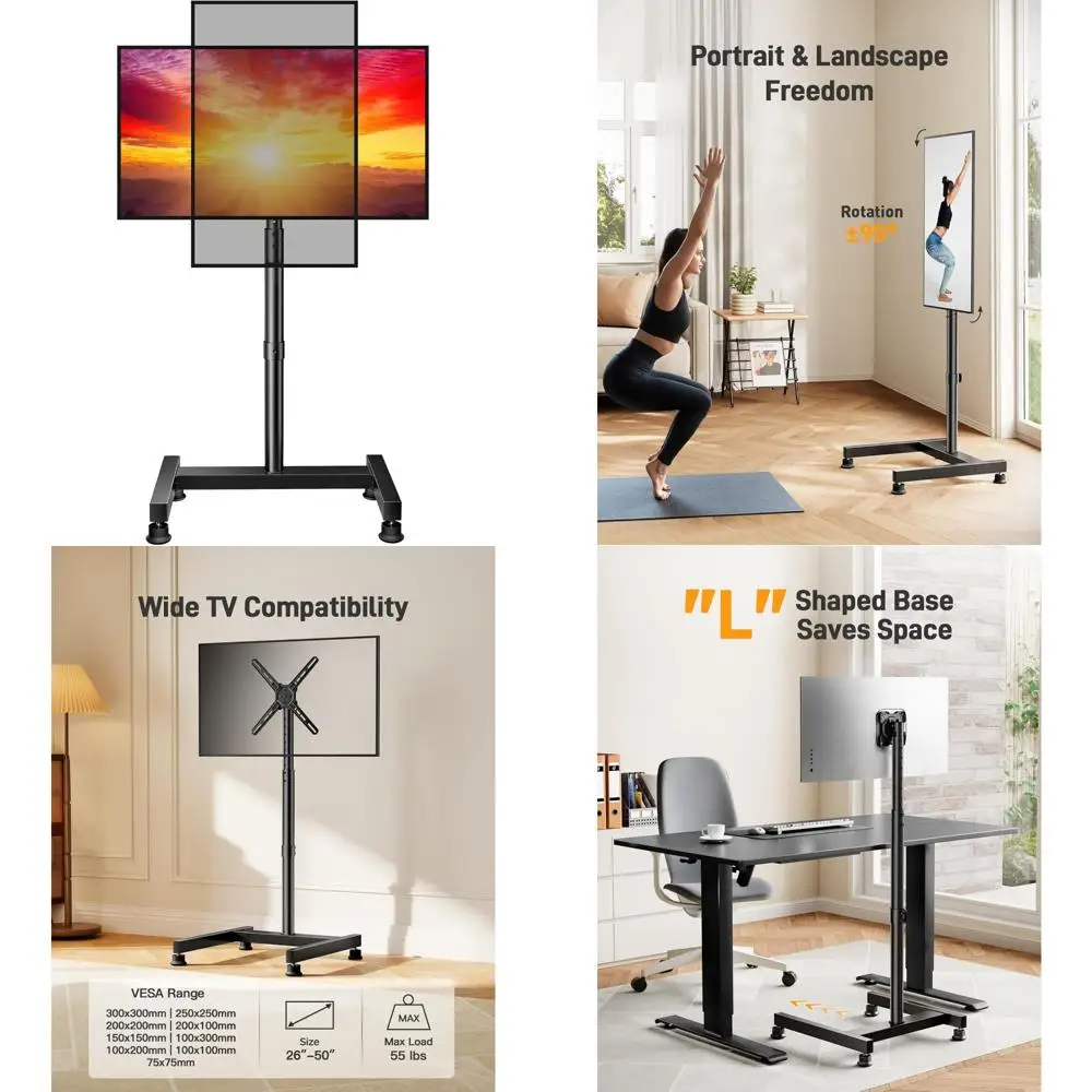 

Adjustable Floor TV Stand for 26-50 Inch TVs, Supports Up to 55 lbs, with Rotation, Tilt, and Height Features