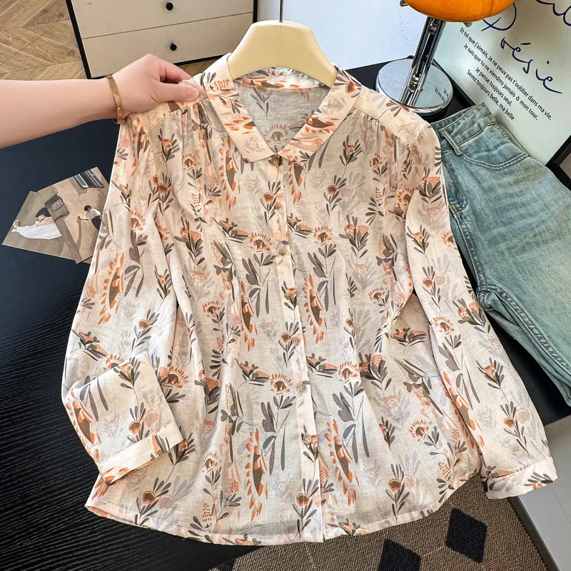 

Vintage Harajuku Floral Print Turn Collar Blouse For Women Long Sleeve Button Up Casual Cotton Linen Top Summer Beach Sunscreen