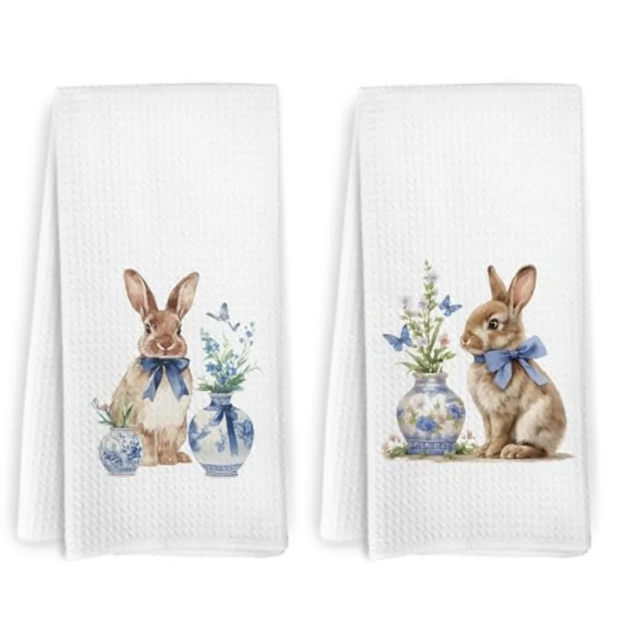 

Кухонные полотенца и салфетки Chinoiserie Bunny Rabbit, набор из 2-х кухонных полотенец Coquette Ribbit, пасхальный синий и белый кролик Decorat