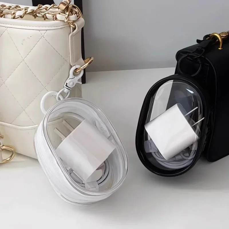 Nuevas bolsas de cosméticos transparentes cuadradas y redondas de PVC negro, organizador de joyas, Cable de datos portátil, bolsas de almacenamiento para cargador de monedas y auriculares