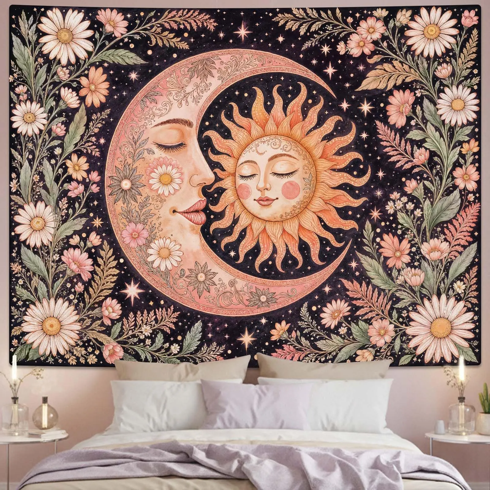 1PC Boho Sun Moon Floral Pink Green Print Tapestry, Boho Style, Bedroom Living Room Kitchen Wall Hanging, Polyester, Wall Art