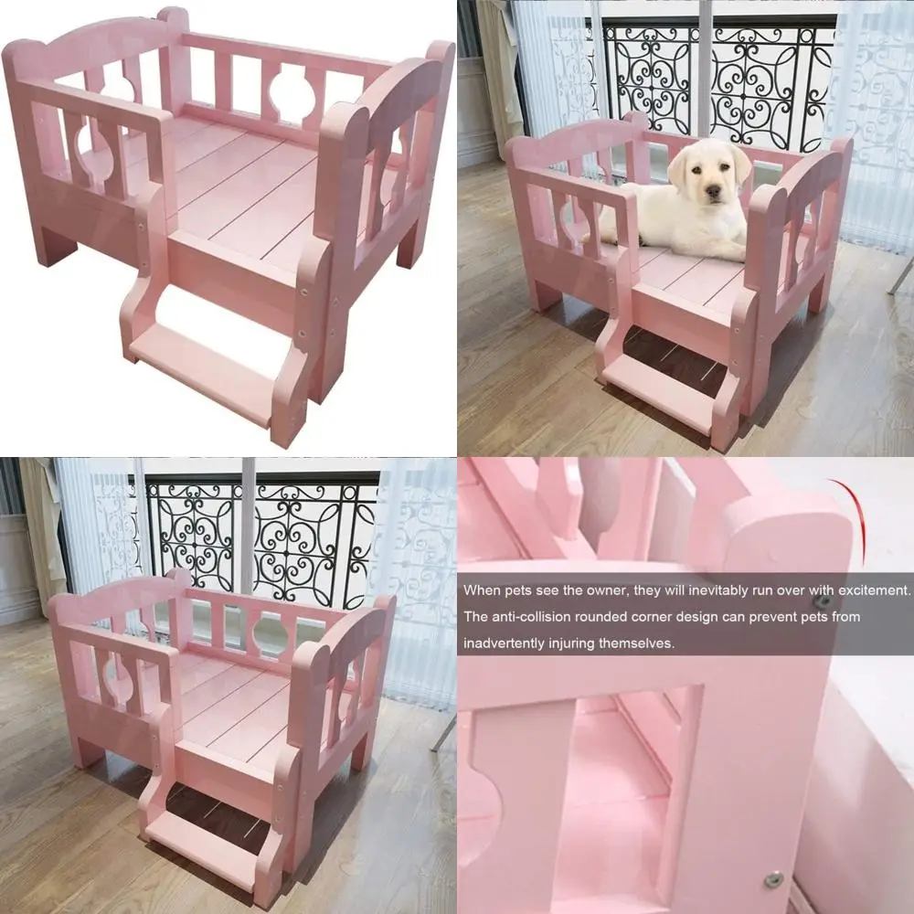 

Elevated Wooden Pet Bed with Guardrail and Stairs for Dogs and Cats, Pink, Suitable for Large, Medium, and Small Pets
