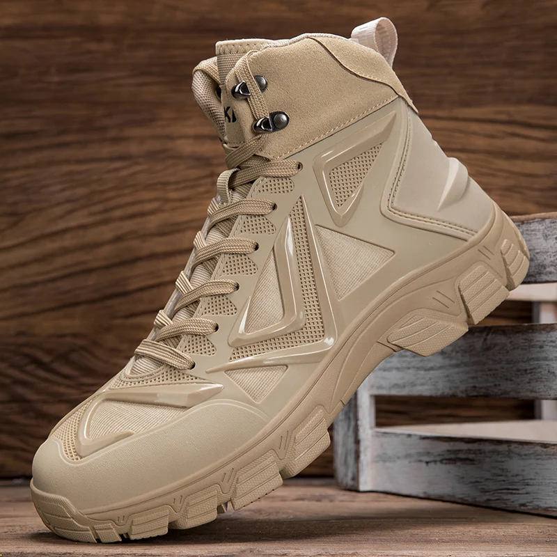 Men High Top Tactical Boots Breathable Mesh Non-slip Outdoor Hiking Trekking Boots Lightweight Lace Up Adventure Desert Boots