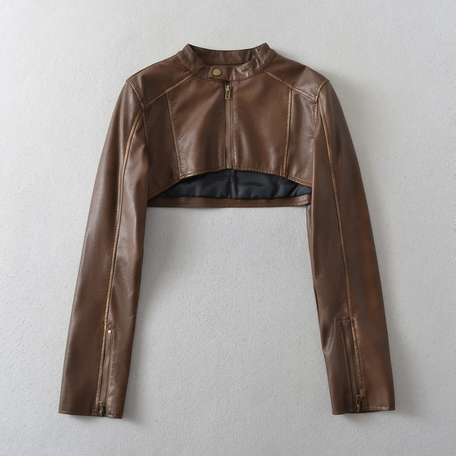 Women Biker style Long sleeve Co-ord Pu Faux Leather Maillader Brown Ultra Cropped Jacket