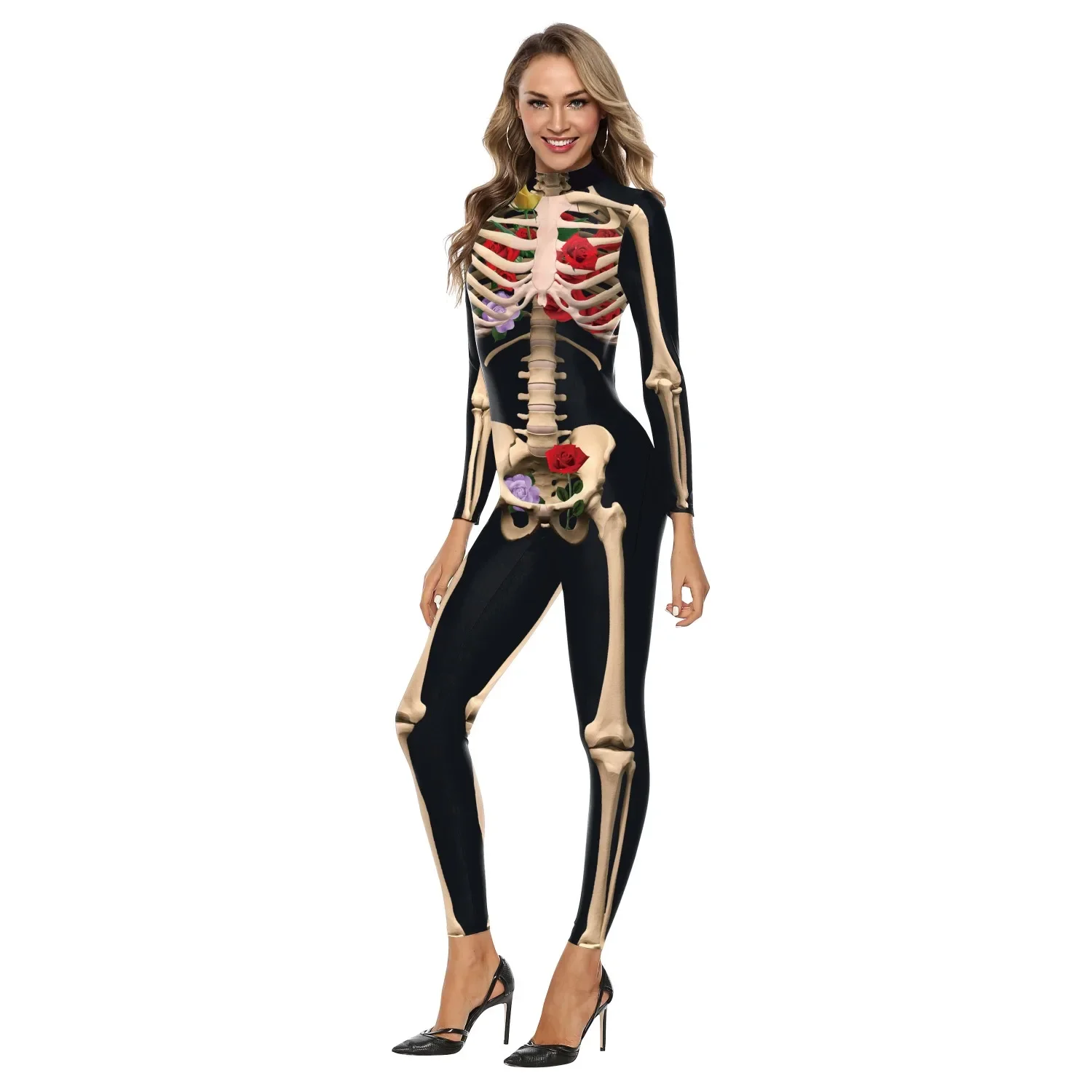 Damen Skelett Totenkopf Rose Halloween Party Kostüm Totenkopf Print Einteiler Strampler Outfit Stretch Skinny Catsuit Bodysuit